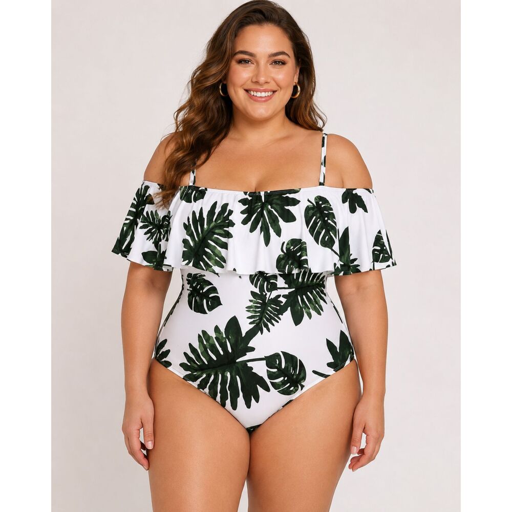 NWT Wavely 18W One Piece Swimsuit White Green Palm Leaf Off Shoulder Plus Size